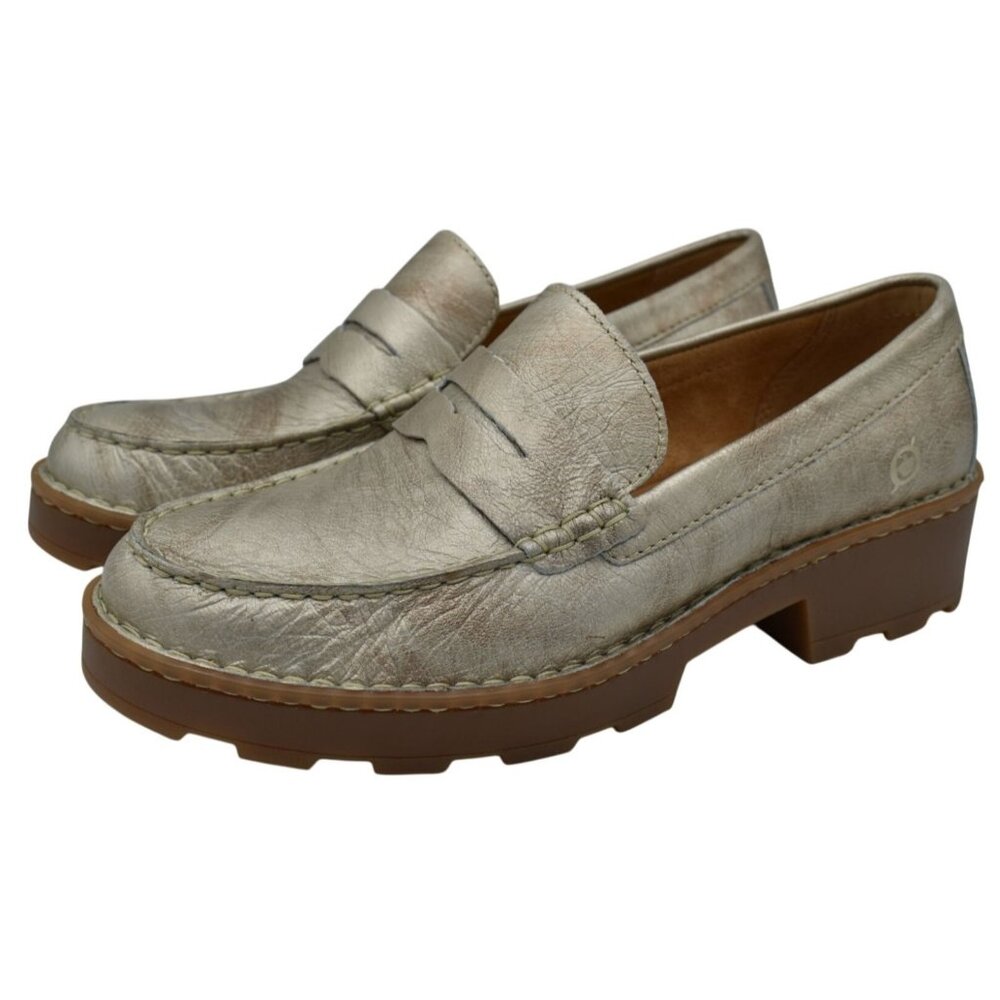 Born Womens‎ Size 9.5 Carrera Brushed Gold Metallic Platform Penny Loafers Shoes